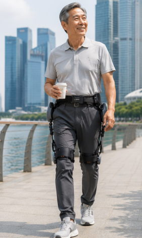 Man walking outdoors in an Eulon 1.0 Pro walking exoskeleton in Singapore